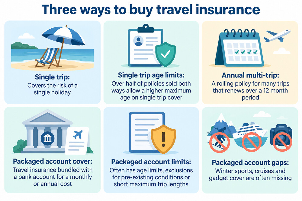 A traveller comparing three types of travel insurance policy on a phone