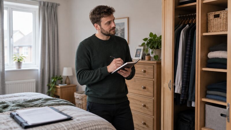 A householder working through rooms with a notebook to total up replacement costs