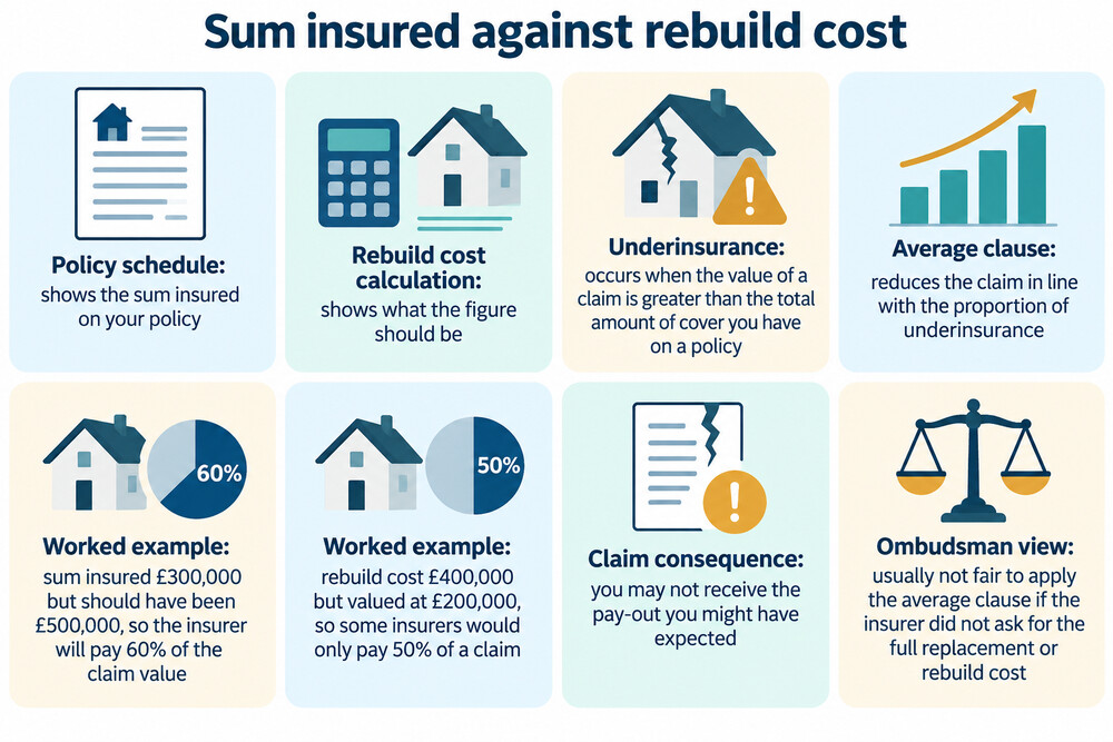 A one-page comparison of a policy schedule's sum insured against a rebuild cost calculation