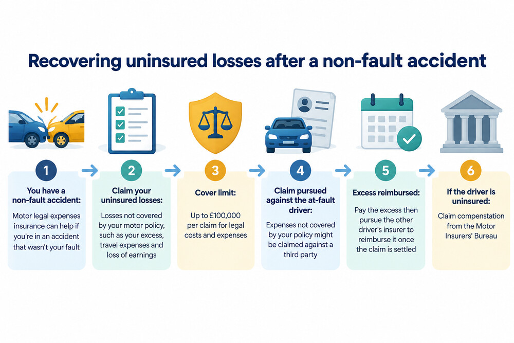 A simple diagram showing money and costs flowing from an at-fault driver's insurer back to the innocent driver