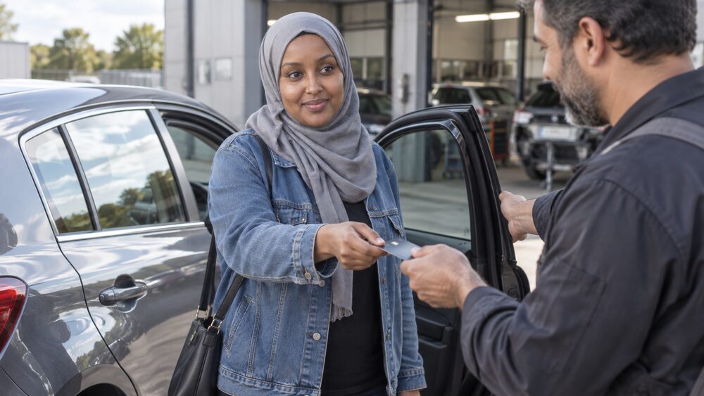 A woman hands a bank card to a panel beater beside her repaired car at a body shop.