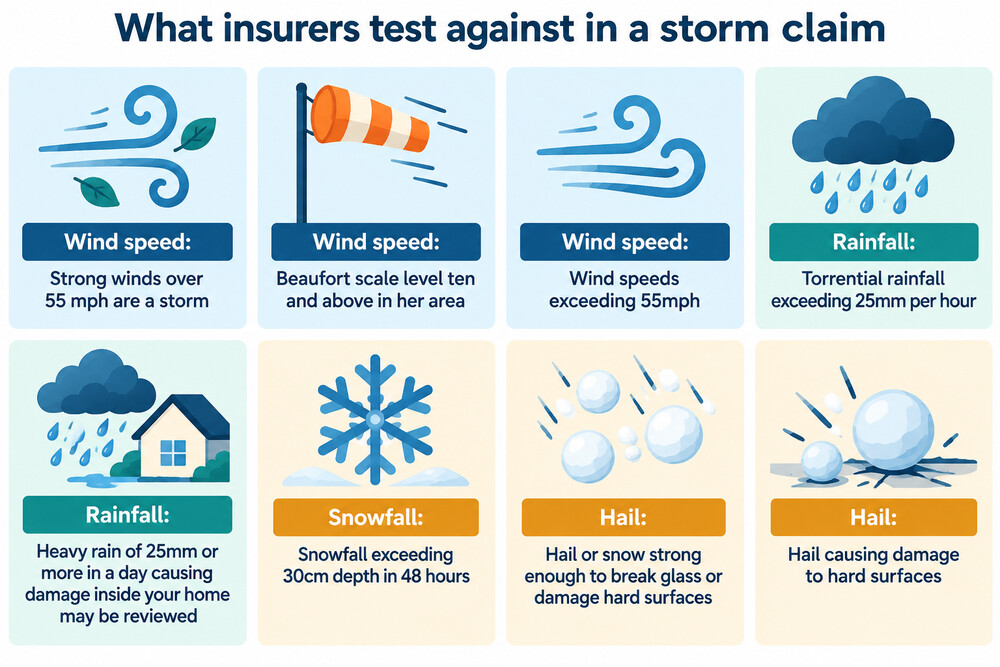 A diagram showing the weather conditions insurers test against, such as wind speed, rainfall and hail