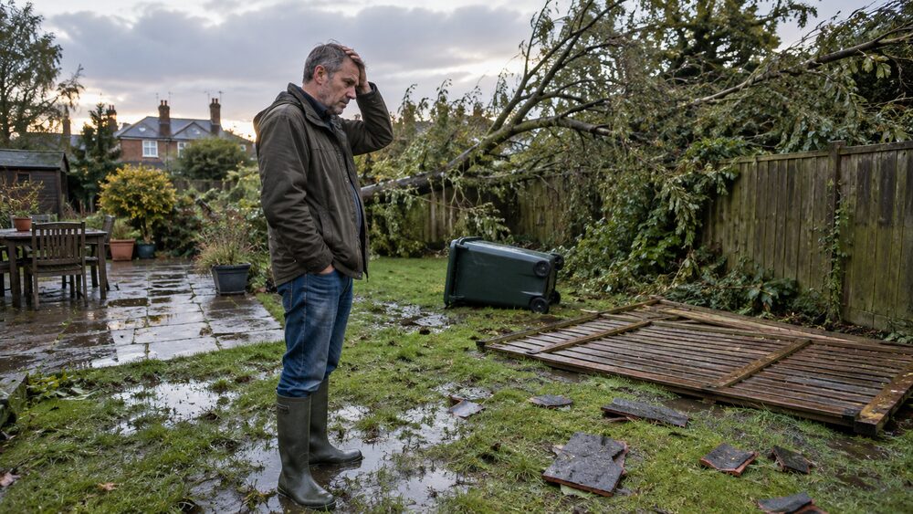 A fallen fence panel, overturned bin and scattered roof tiles in a garden after a storm.