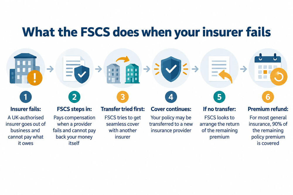 A policyholder holding an insurance document, with an arrow showing the policy moving from a failed insurer to a new insurer or a refund