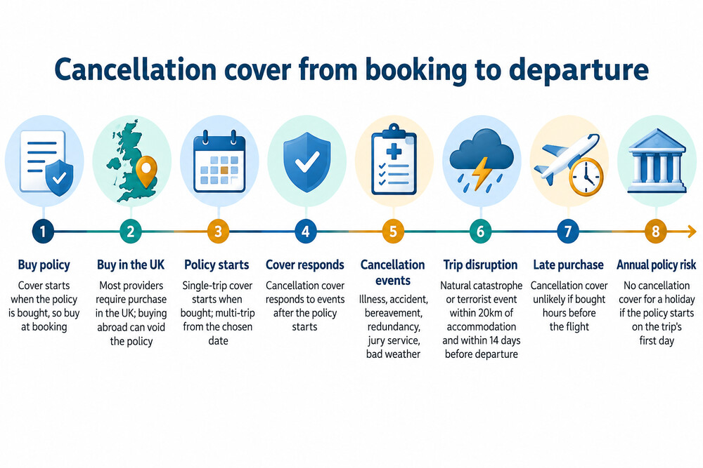 A timeline from booking to departure showing the events cancellation cover responds to, and the point at which a late policy leaves them uncovered