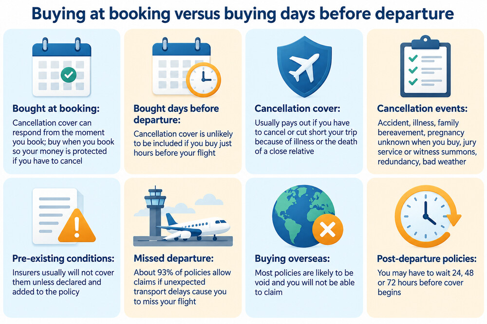 A comparison of a policy bought at booking and one bought days before departure, showing which sections of cover respond in each case