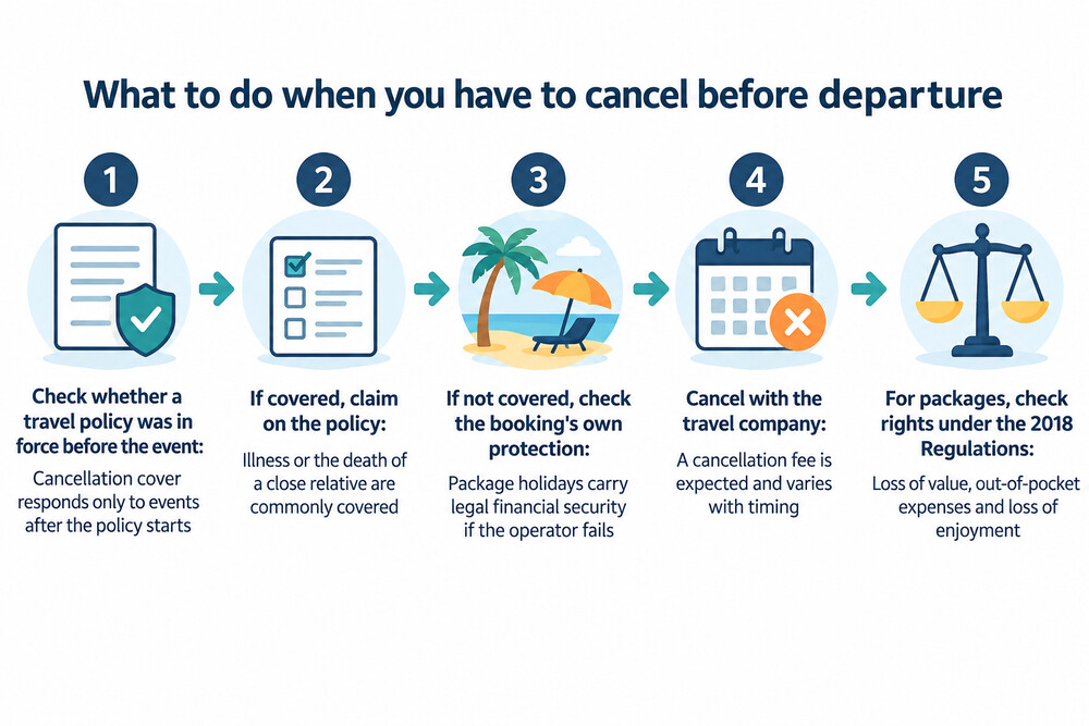 A flow diagram showing what to do when a cancellation reason arises before departure, depending on whether a policy is in force