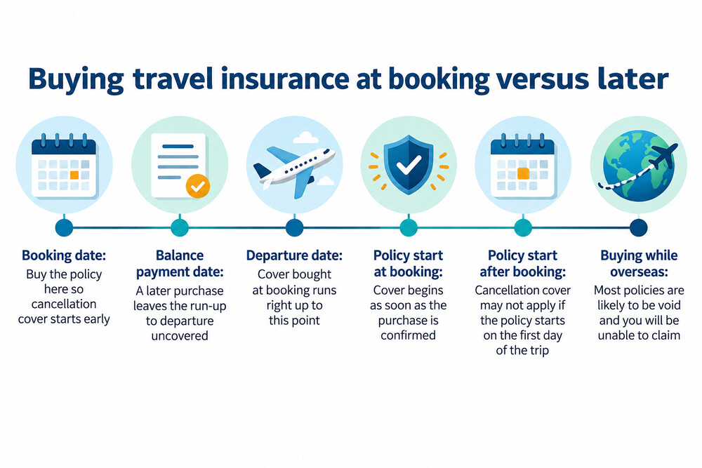 A calendar showing a holiday booking date, a balance payment date and a departure date, with a travel insurance policy start date marked at the booking