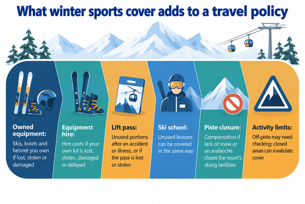 A skier's kit laid out on a bed, with skis, boots, helmet, goggles, poles and clothing, showing the items a winter sports policy covers