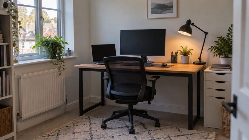 A spare room set up as a home office with desk and monitor.
