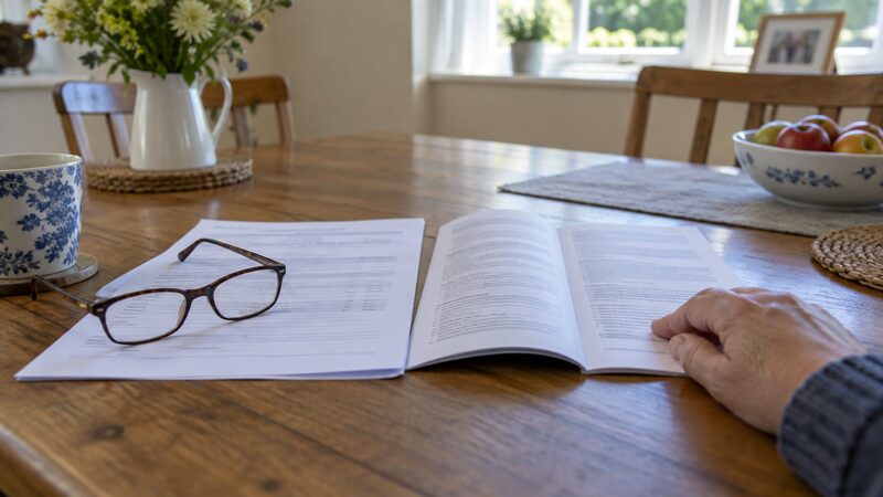 A home insurance policy schedule and wording booklet open on a table