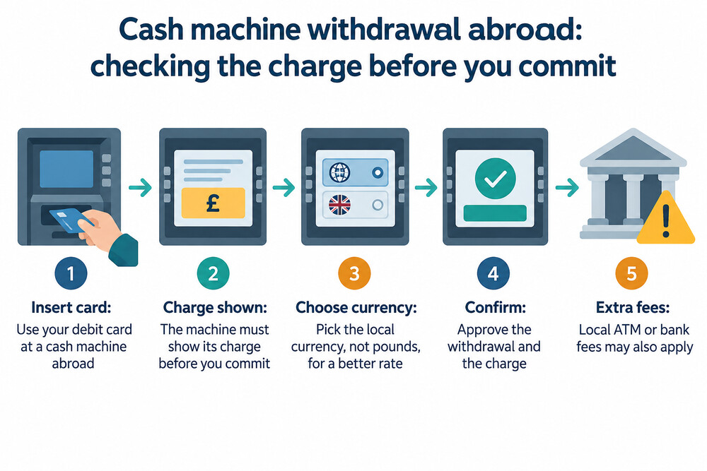 A cash machine screen abroad showing a fee warning before a withdrawal is confirmed