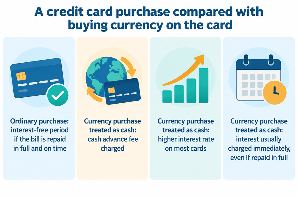 How a credit card treats a normal purchase compared with a currency purchase coded as cash