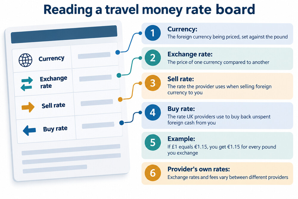 A travel money rate board showing buy and sell prices for several currencies