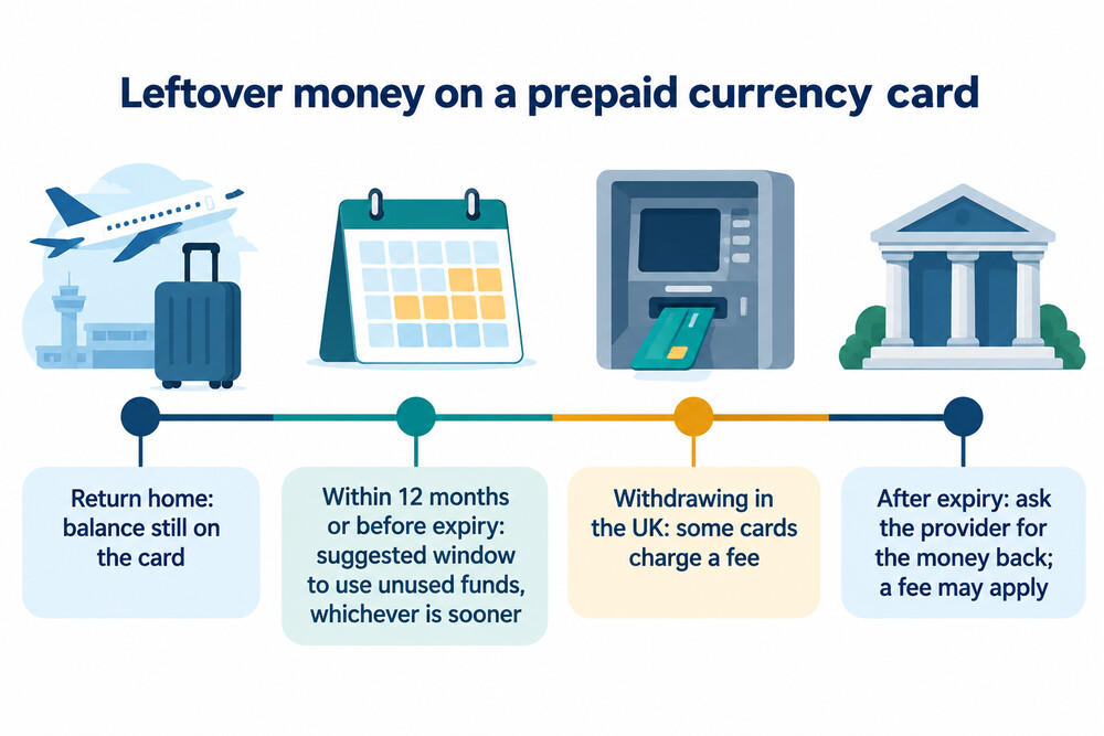 Timeline for using up a prepaid currency card balance after returning home
