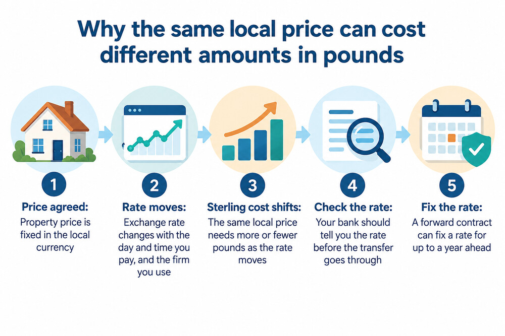 A house price in euros shown alongside a moving exchange rate, with the pound cost changing as the rate moves