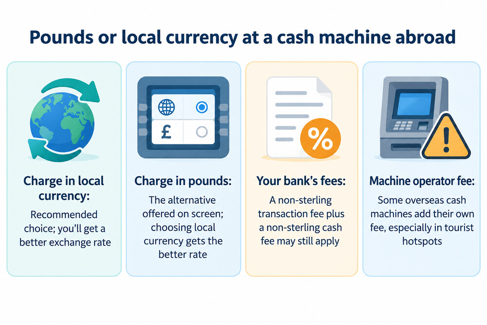 A cash machine screen offering to convert the withdrawal into pounds