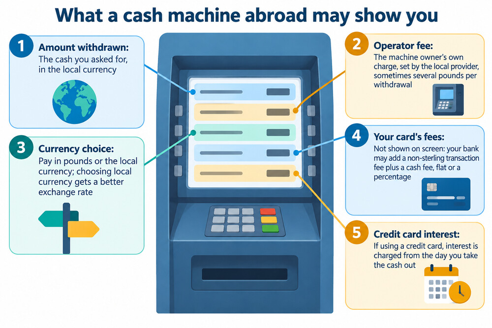 A foreign cash machine screen asking whether to be charged in pounds or the local currency