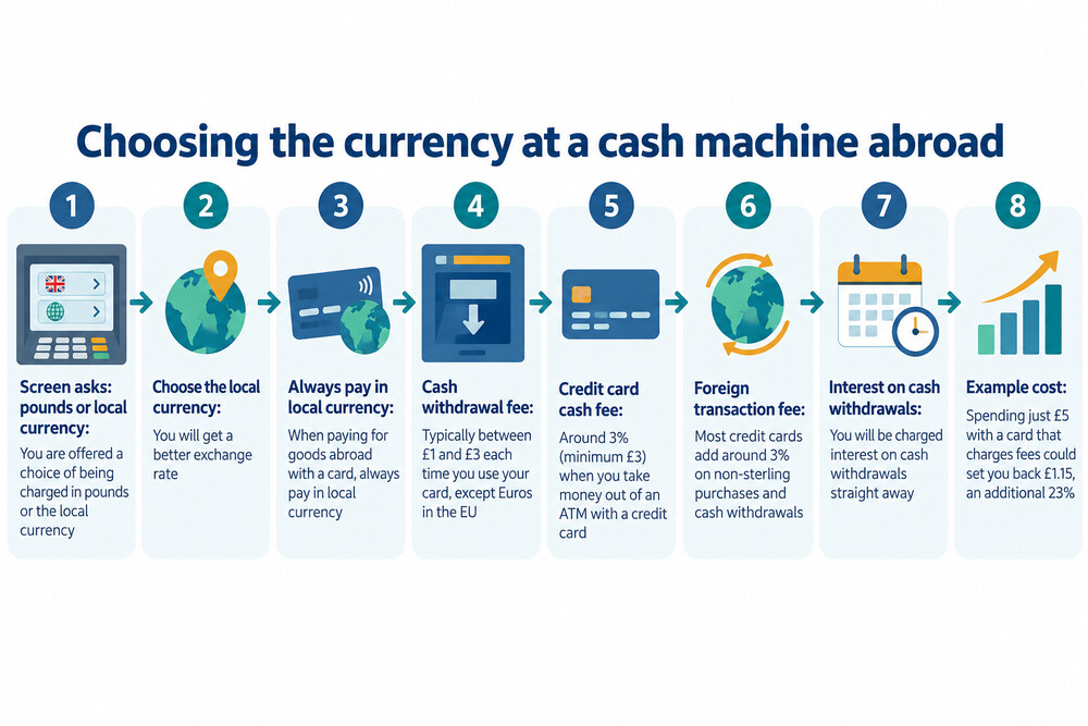 A cash machine abroad showing the choice between being charged in pounds or the local currency