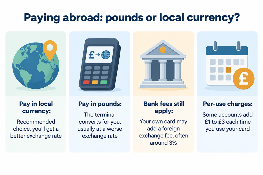 A foreign card machine screen asking the customer to choose between paying in pounds or the local currency