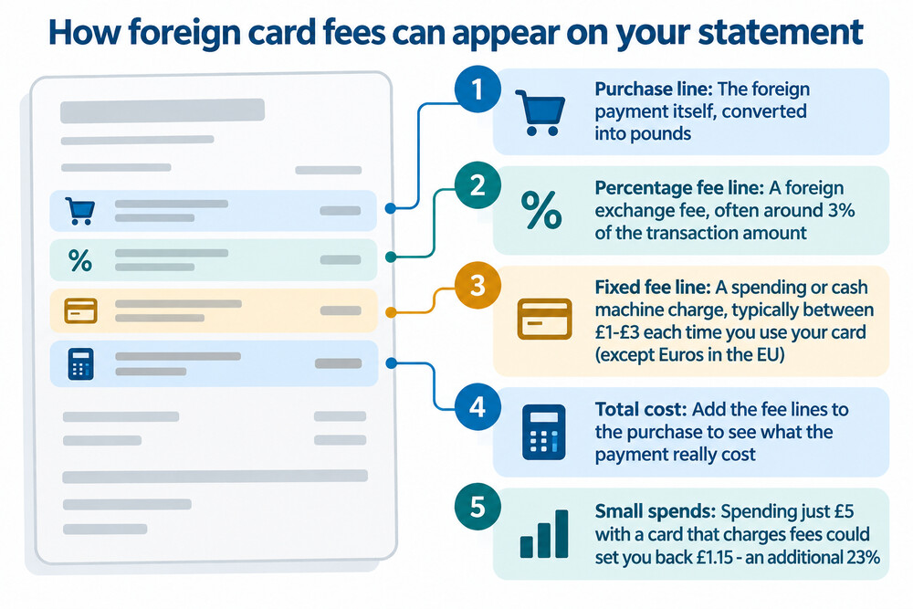 A debit card statement showing a foreign transaction with the exchange rate and three separate fees listed separately