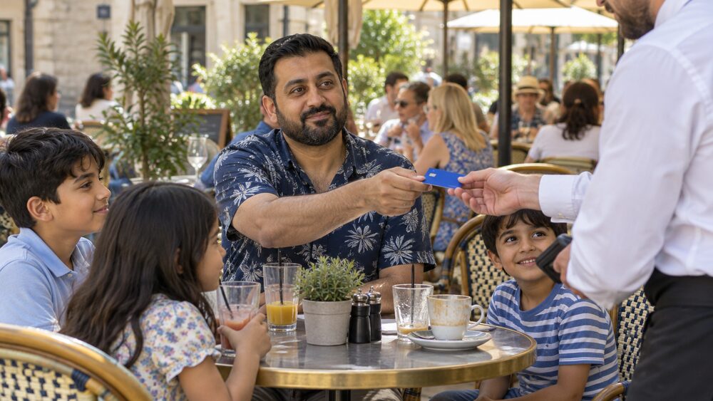 A man hands a debit card to a waiter at a busy cafe terrace.