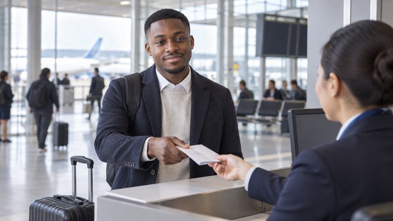 A man stands at an airport information desk holding a folded document.