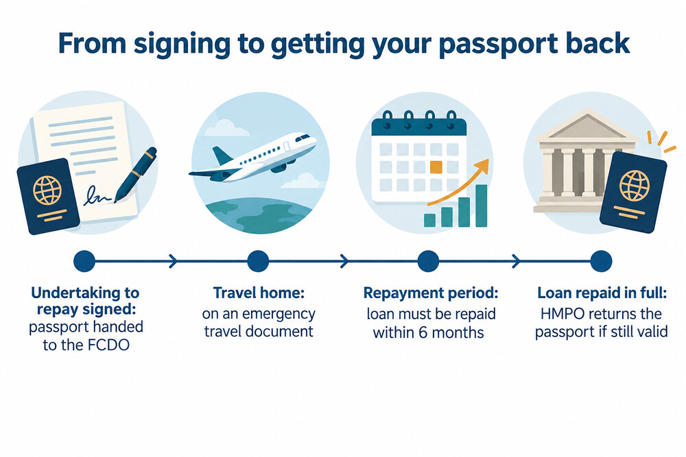 Timeline of an FCDO emergency loan from signing the undertaking to getting the passport back