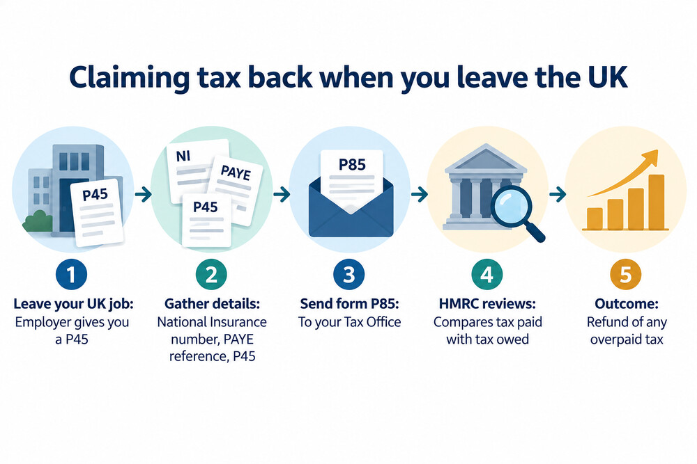 Flow of claiming tax back on leaving the UK, from leaving a job to receiving a refund
