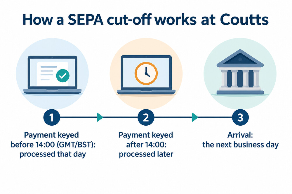 A timeline showing a SEPA payment sent before and after a 14:00 cut-off, and when each arrives