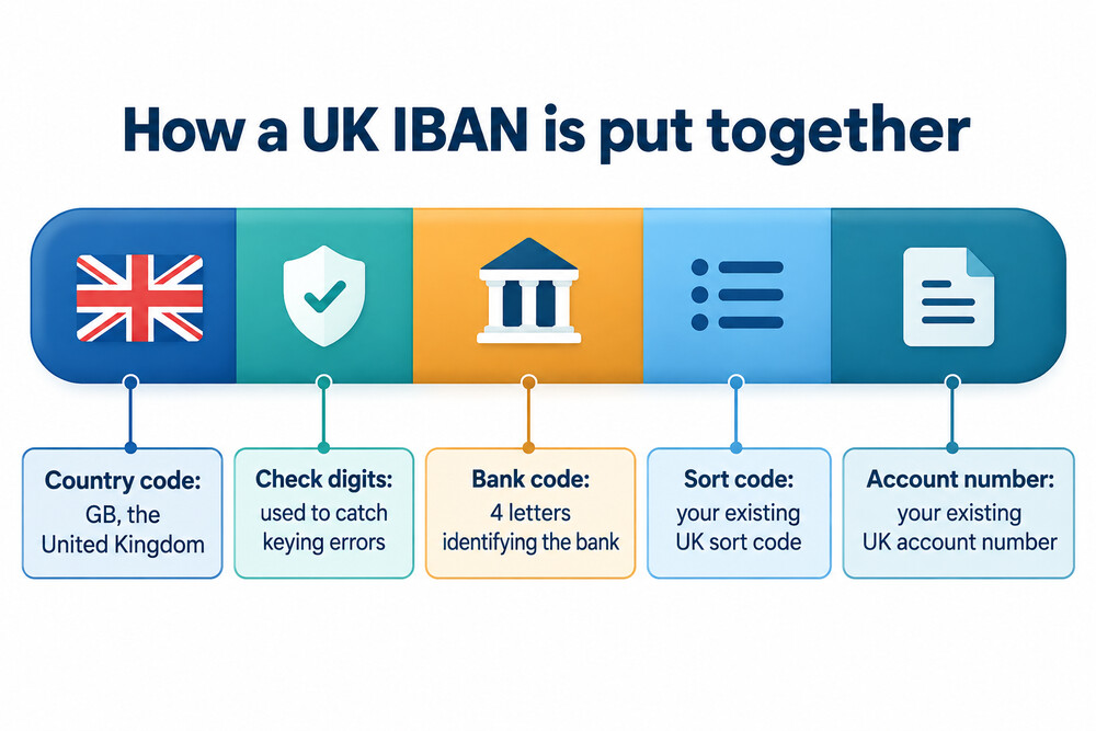 The parts of a UK IBAN laid out in order, from the country code to the account number