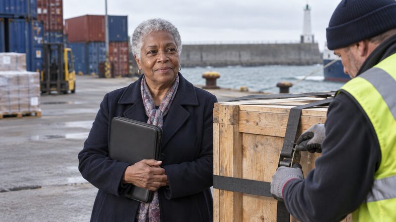 A woman stands beside a removals crate at a port, holding a document wallet.