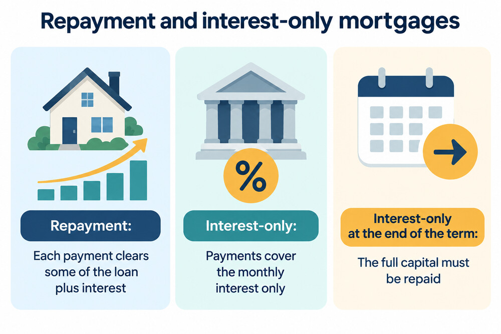 How the loan balance behaves under repayment and interest-only mortgages over the term