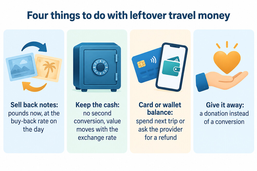 A flow chart of what happens to leftover travel money: sell back, keep, refund a card or donate
