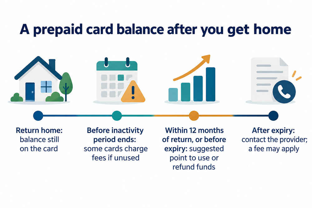 A timeline for a prepaid card balance after a trip, from returning home to the card expiring