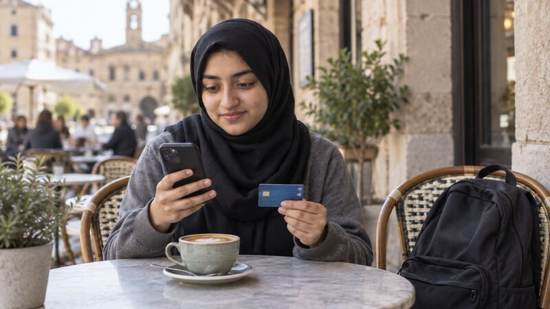 A young woman sits at a café table holding a card and a phone.