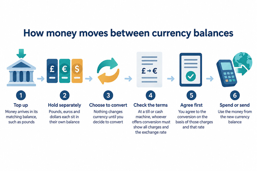 A phone showing an app with separate balances for pounds, euros and US dollars