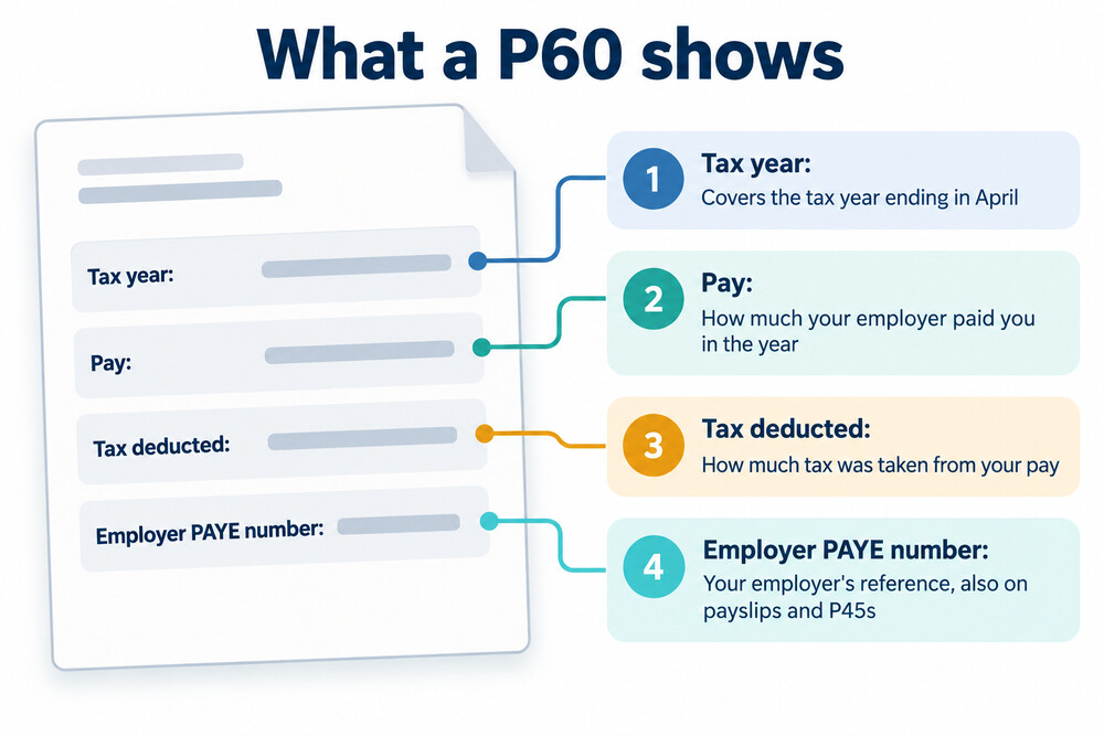 A UK P60 form with the National Insurance number highlighted, alongside payslips and a letter about benefits