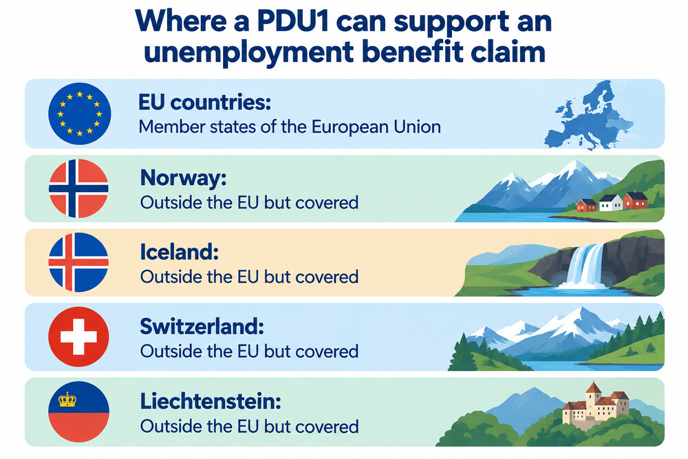 A map of Europe highlighting the EU countries, Norway, Iceland, Switzerland and Liechtenstein where a PDU1 certificate can support an unemployment benefit claim