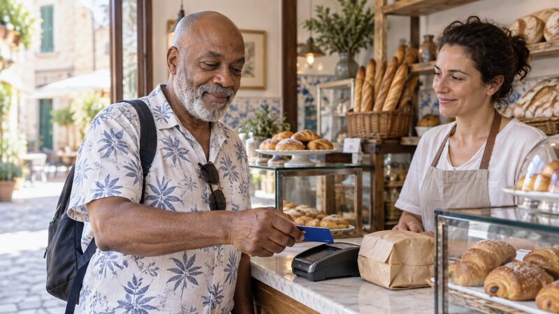 A man taps a card on a contactless terminal at a bakery counter abroad.