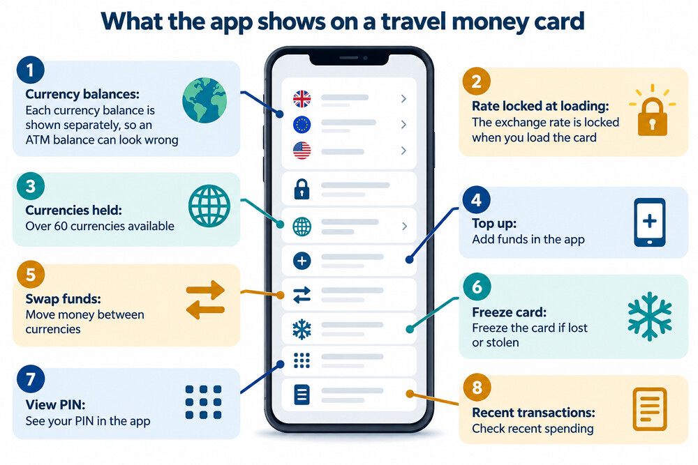 A phone screen showing currency balances on a travel money card