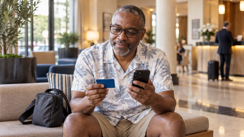 A man sits in a hotel lobby holding a card and a phone.