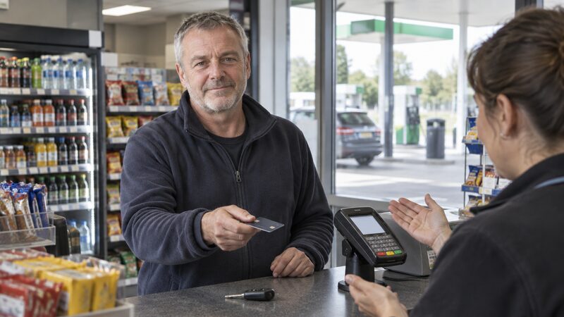 A man stands at a petrol station kiosk holding a card while a cashier gestures.