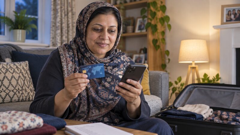 A woman at home holds a prepaid travel card and a phone beside an open suitcase.