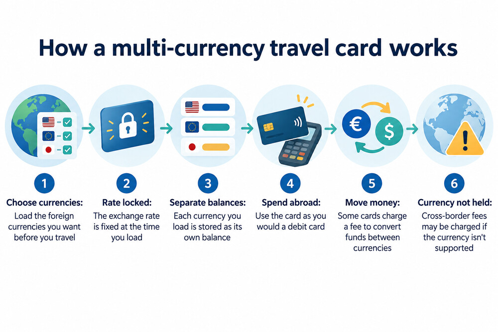 A prepaid travel card shown beside a phone displaying separate currency balances for euros, dollars and pounds