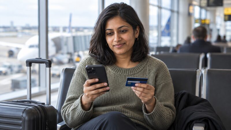 A woman in an airport departure lounge holds a phone and a debit card.