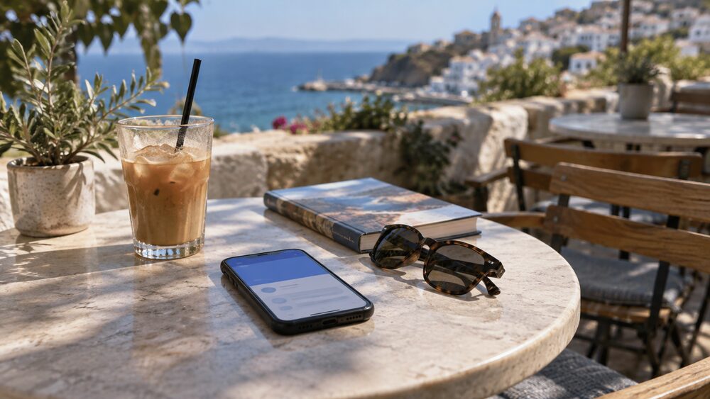 A phone showing an app lies on a cafe table beside sunglasses and a guidebook.