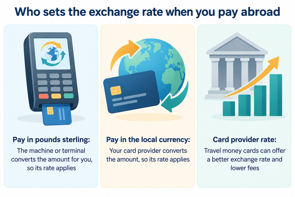 A cash machine screen abroad offering a choice between charging in pounds sterling or the local currency