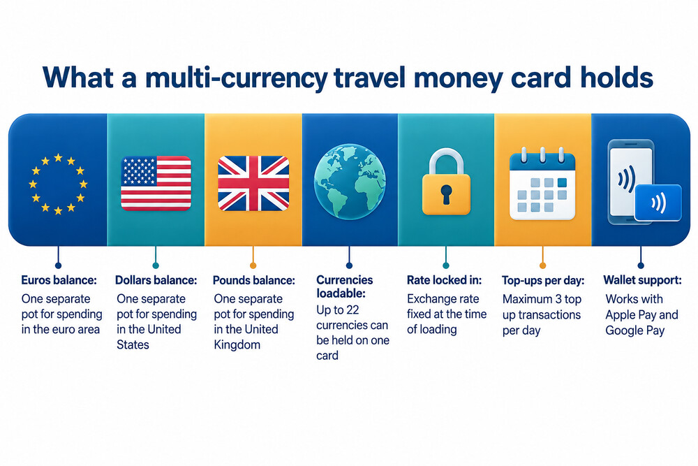 A phone screen showing a travel money card app with separate balances for euros, dollars and pounds