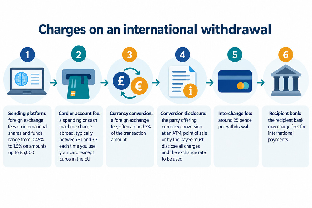 A diagram showing money moving from a UK account through a conversion step to a foreign recipient, with fees at each stage